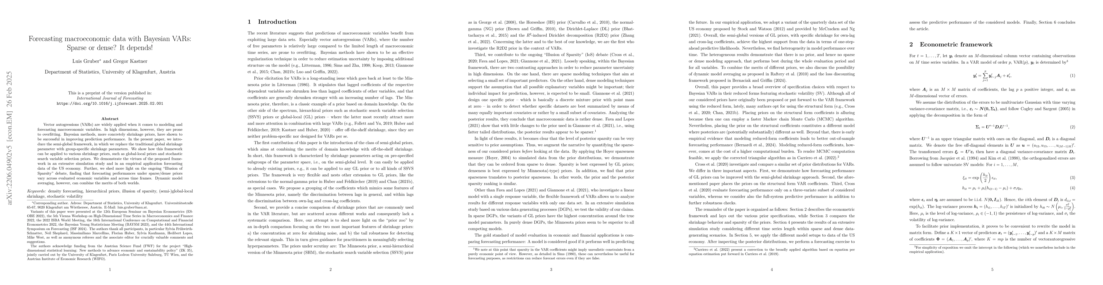 Thumbnail for Forecasting macroeconomic data with Bayesian VARs: Sparse or dense? It
  depends!
