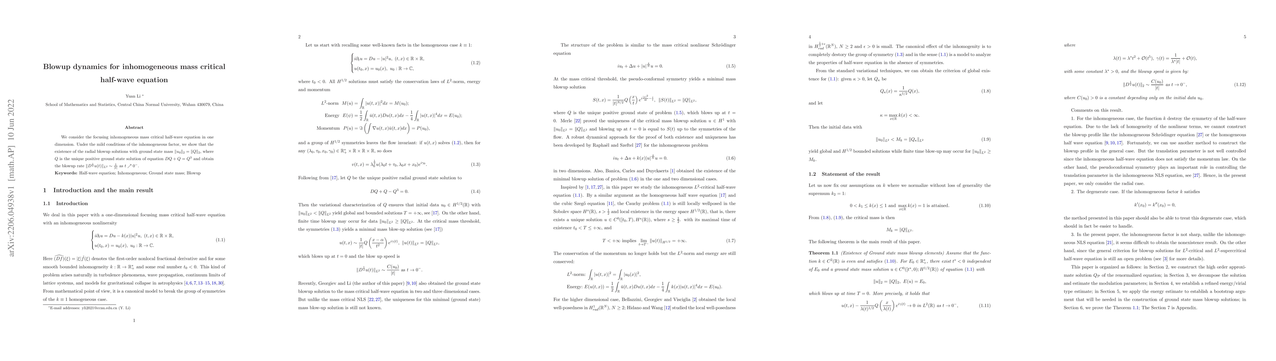 Thumbnail for Blowup dynamics for inhomogeneous mass critical half-wave equation