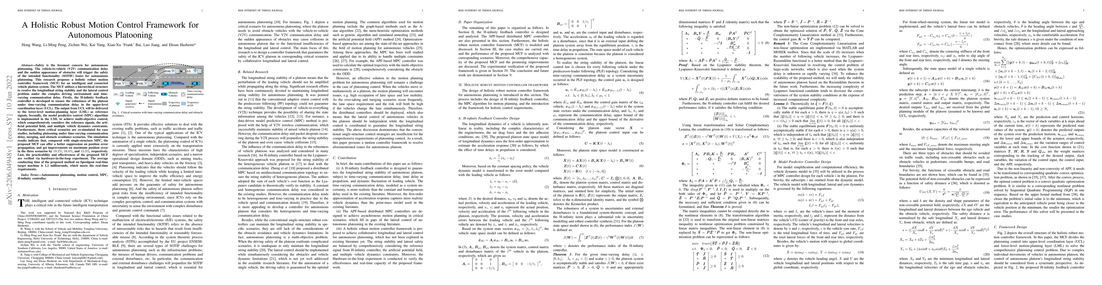 Thumbnail for A Holistic Robust Motion Controller Framework for Autonomous Platooning