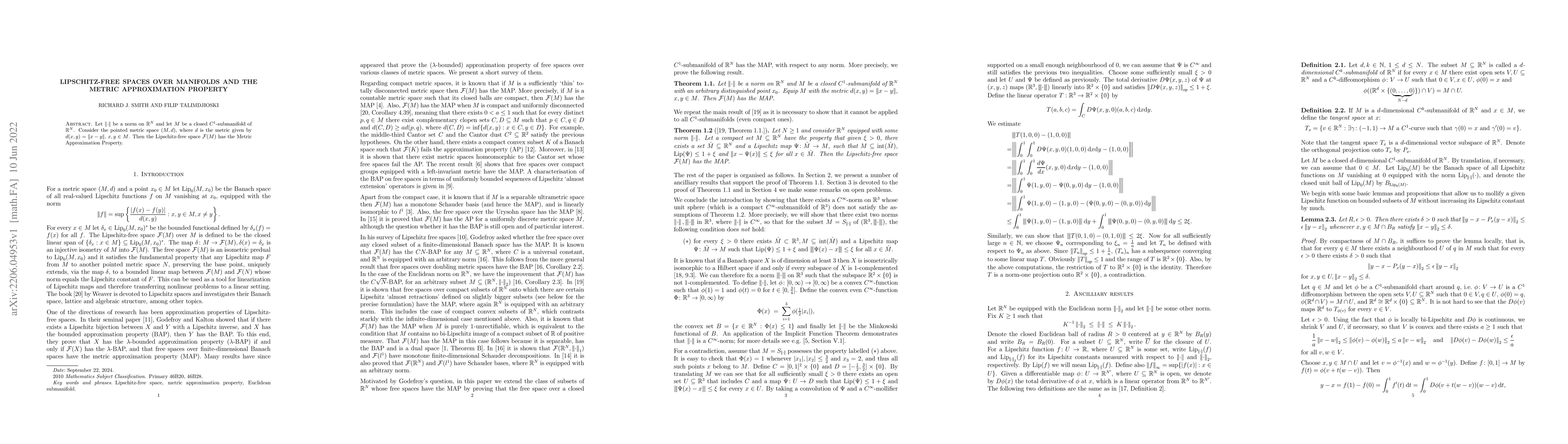 Thumbnail for Lipschitz-Free Spaces over Manifolds and the Metric Approximation
  Property