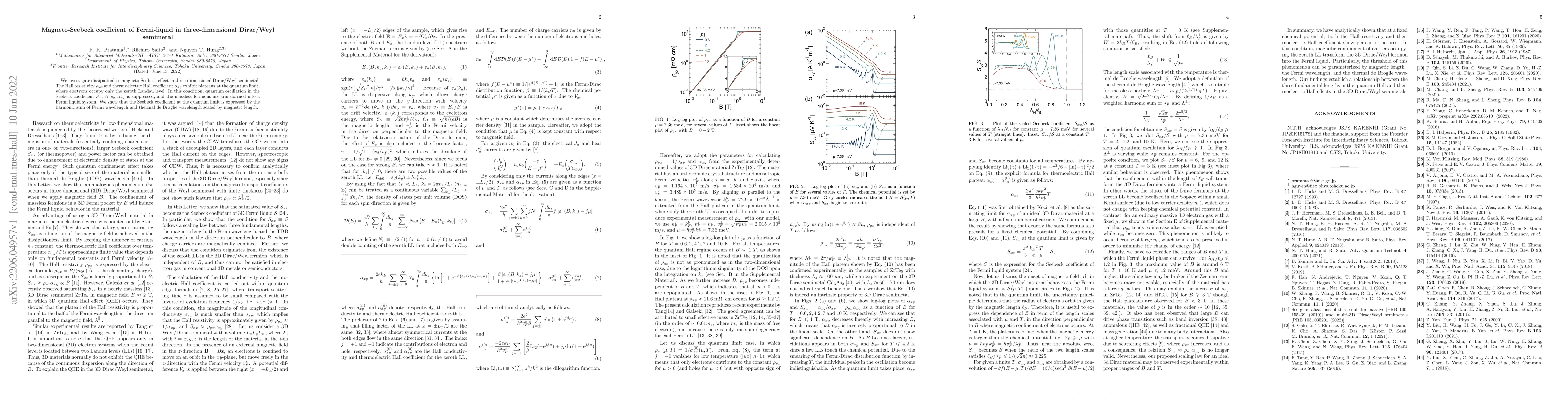 Thumbnail for Magneto-Seebeck coefficient of Fermi-liquid in three-dimensional
  Dirac/Weyl semimetal