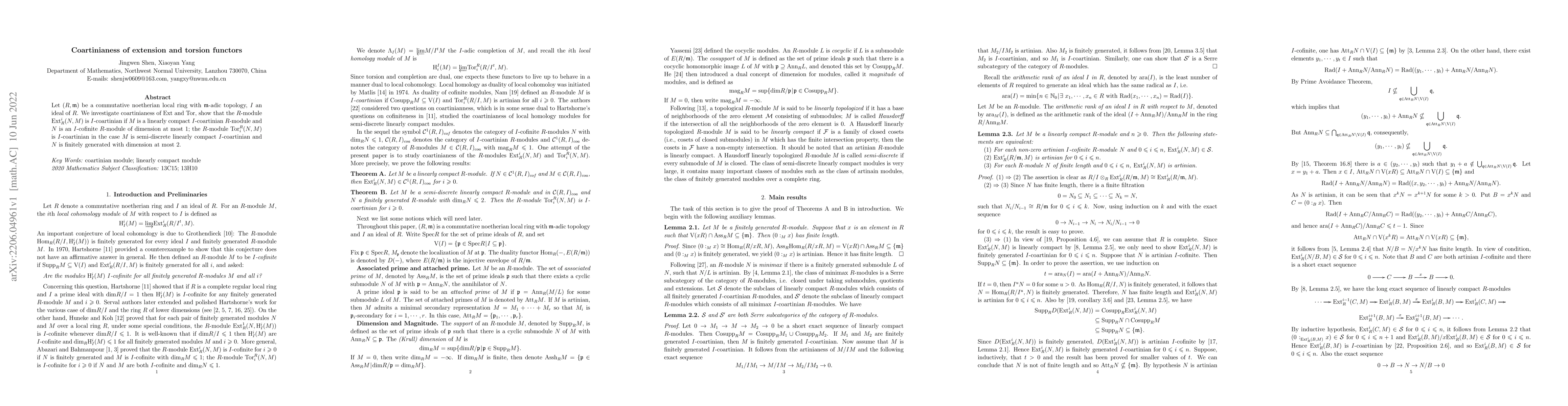 Thumbnail for Coartinianess of extension and torsion functors