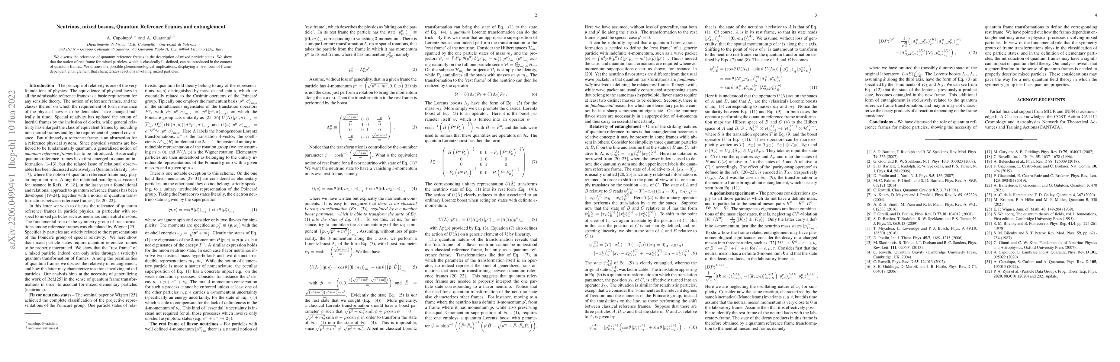 Thumbnail for Neutrinos, mixed bosons, Quantum Reference Frames and entanglement