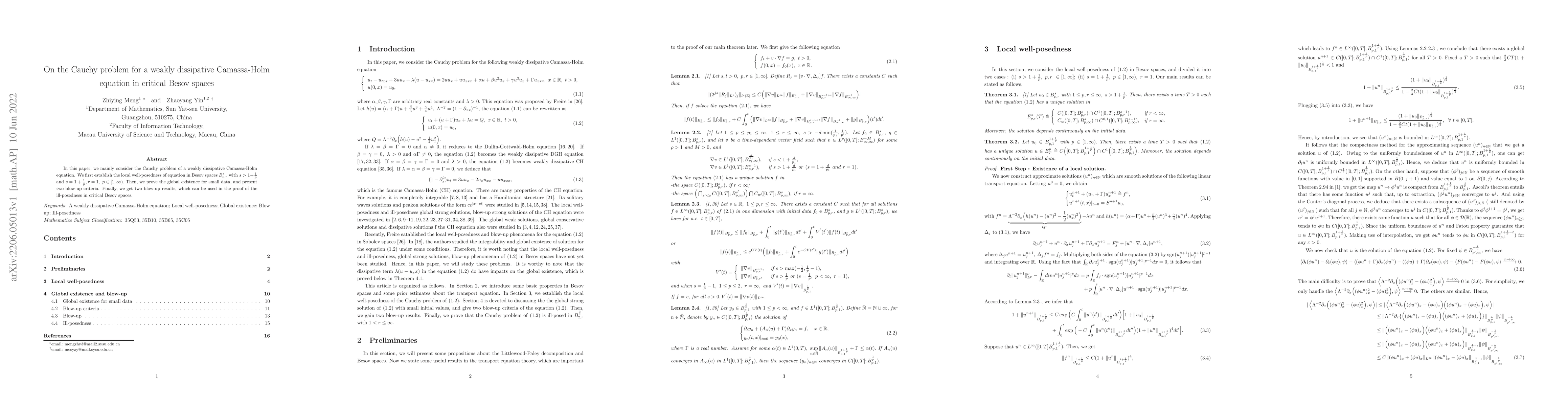 Thumbnail for On the Cauchy problem for a weakly dissipative Camassa-Holm equation in
  critical Besov spaces