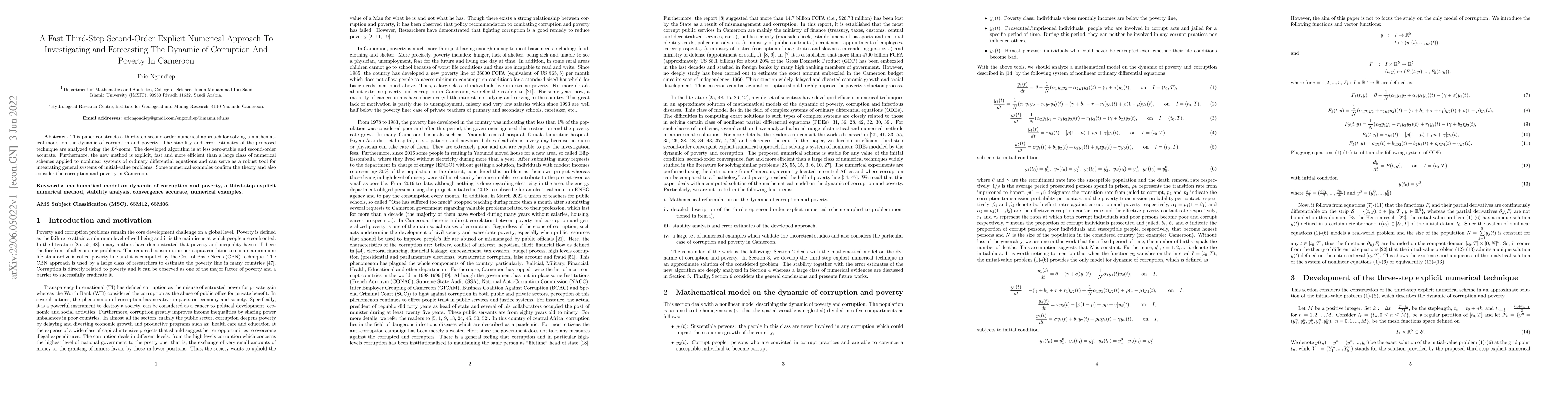 Thumbnail for A Fast Third-Step Second-Order Explicit Numerical Approach To
  Investigating and Forecasting The Dynamic of Corruption And Poverty In
  Cameroon