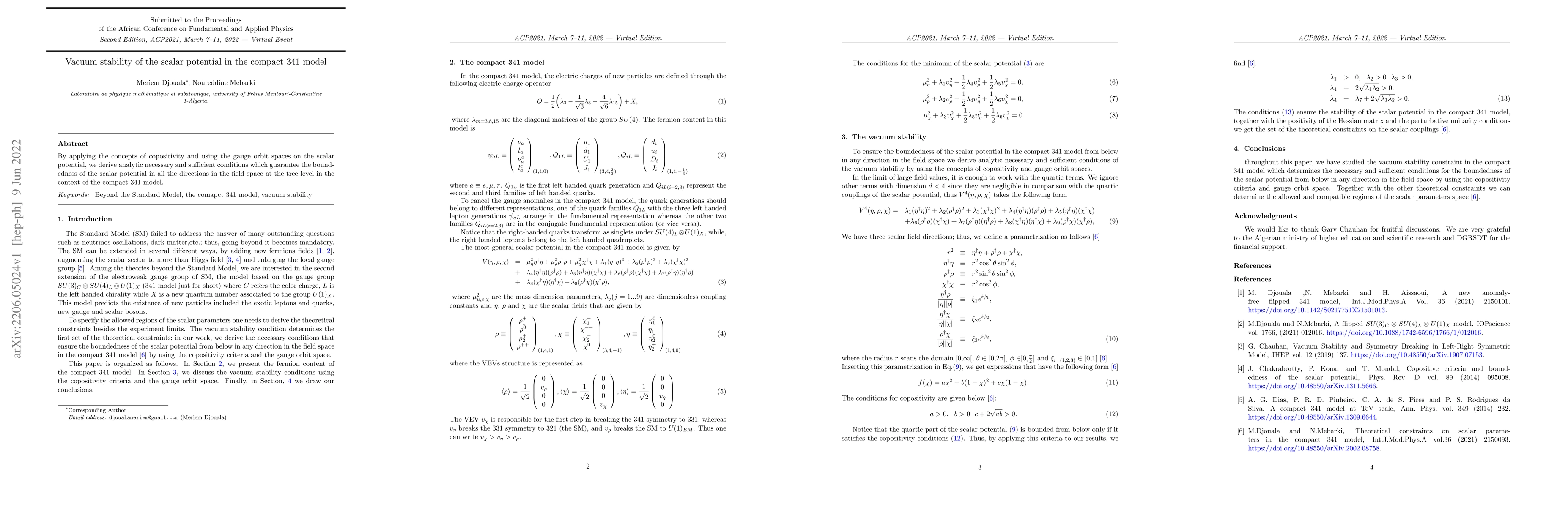 Thumbnail for Vacuum stability of the scalar potential in the compact 341 model