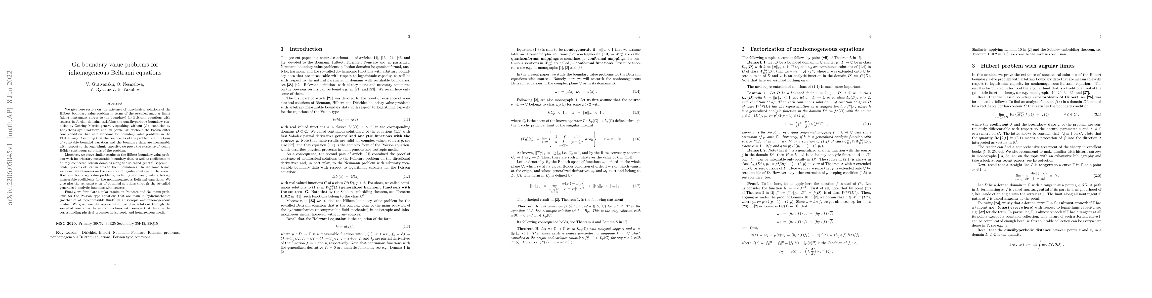 Thumbnail for On boundary value problems for inhomogeneous Beltrami equations