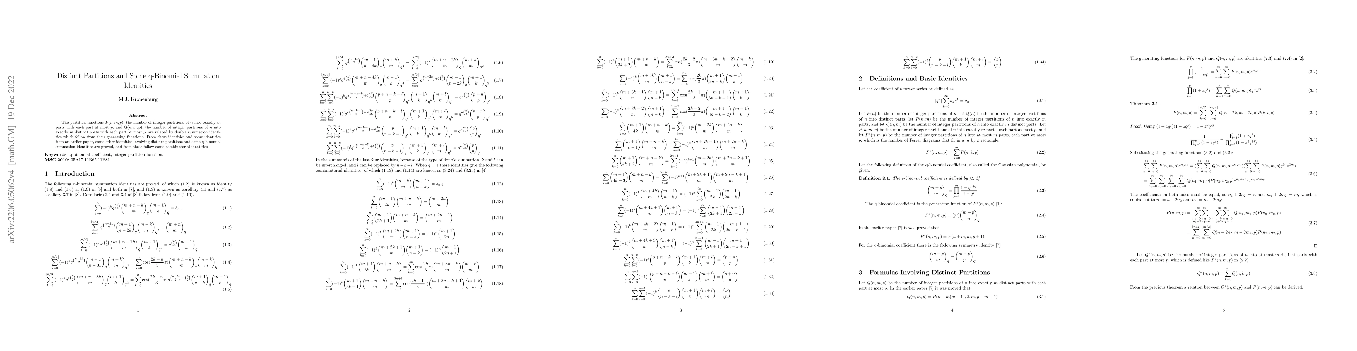 Thumbnail for Distinct Partitions and Some q-Binomial Summation Identities