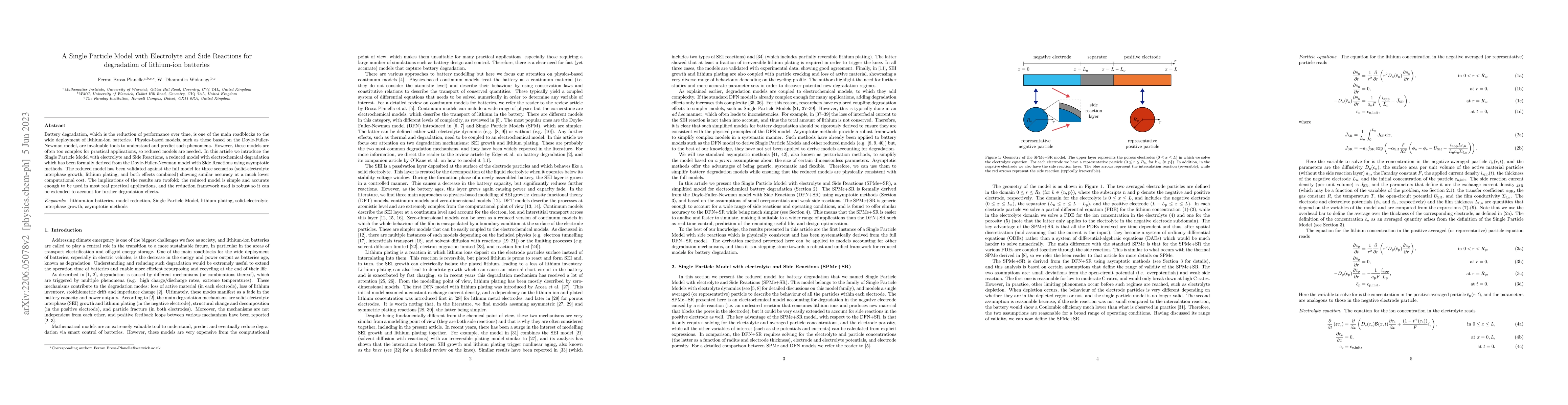 Thumbnail for A Single Particle Model with Electrolyte and Side Reactions for
  degradation of lithium-ion batteries