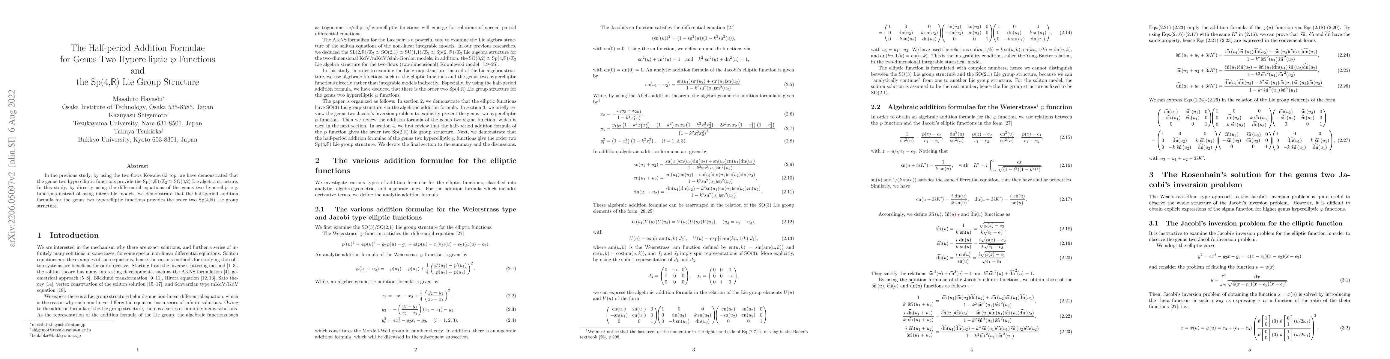 Thumbnail for The Half-period Addition Formulae for Genus Two Hyperelliptic $\wp$
  Functions and the Sp(4,$\mathbb{R}$) Lie Group Structure