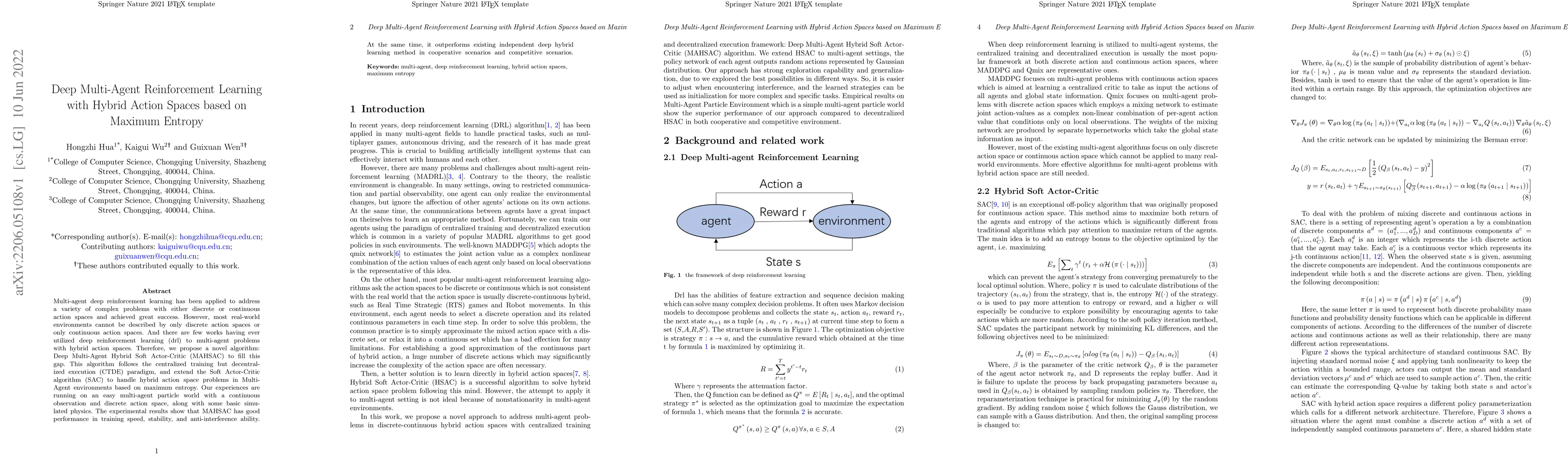 Thumbnail for Deep Multi-Agent Reinforcement Learning with Hybrid Action Spaces based
  on Maximum Entropy