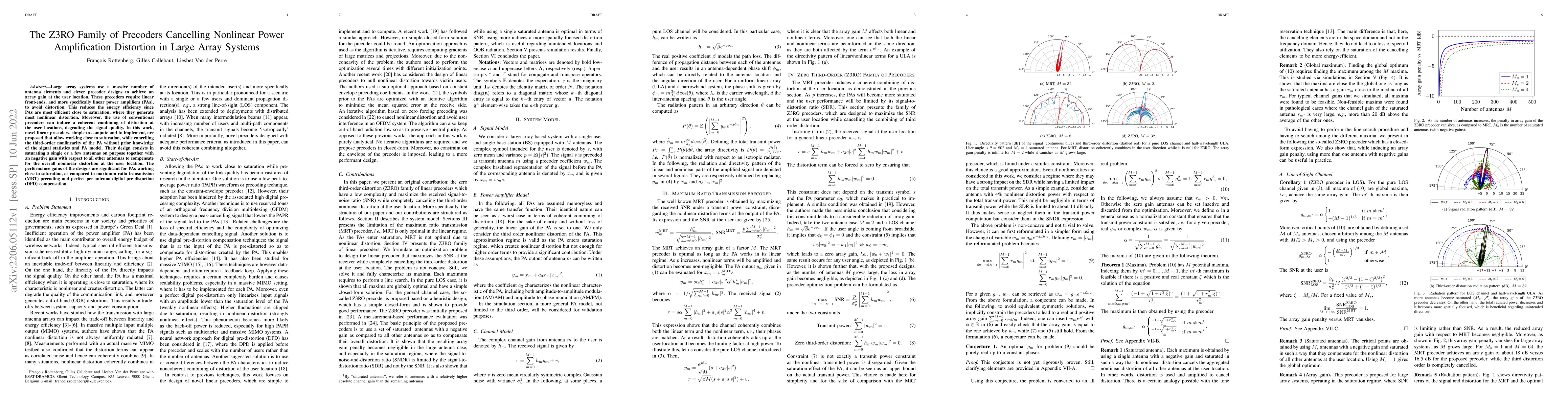 Thumbnail for The Z3RO Family of Precoders Cancelling Nonlinear Power Amplification
  Distortion in Large Array Systems