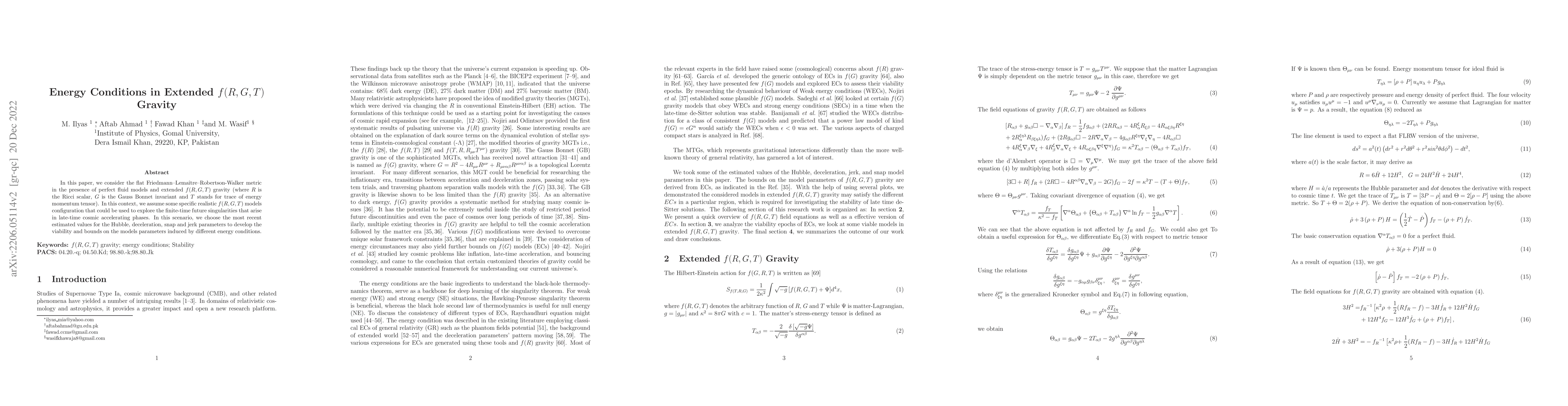 Thumbnail for Energy Conditions in Extended $f(R,G,T)$ Gravity