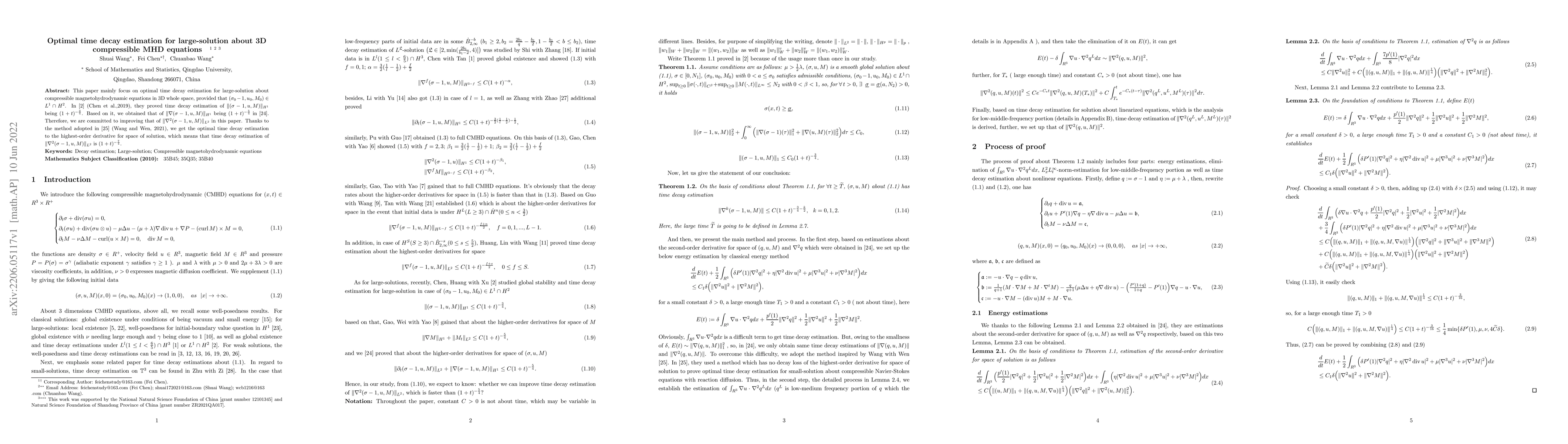 Thumbnail for Optimal time decay estimation for large-solution about 3D compressible
  MHD equations