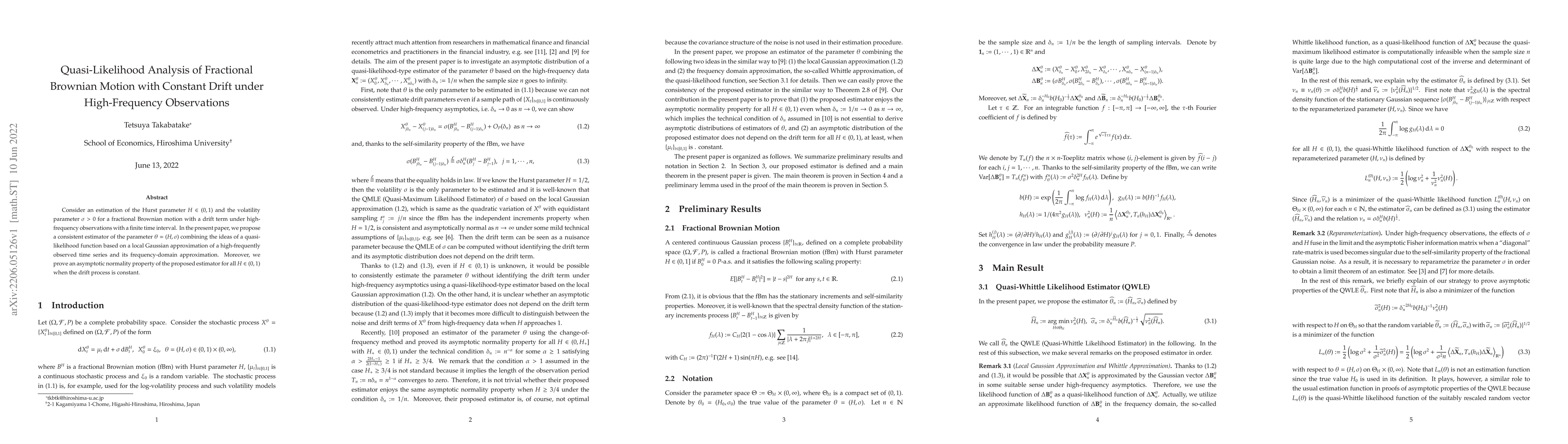 Thumbnail for Quasi-Likelihood Analysis of Fractional Brownian Motion with Constant
  Drift under High-Frequency Observations
