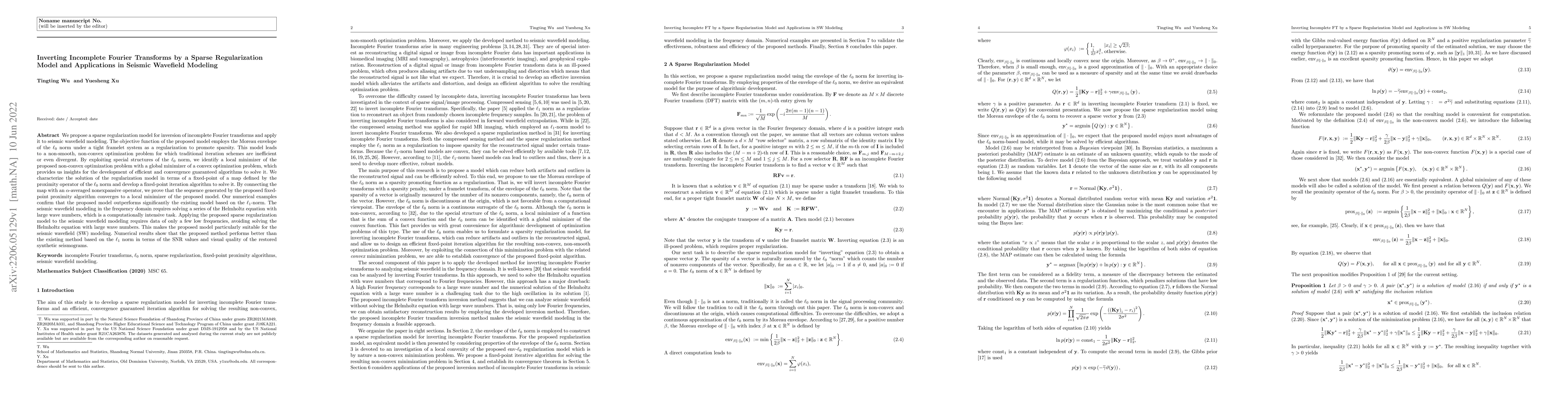 Thumbnail for Inverting Incomplete Fourier Transforms by a Sparse Regularization Model
  and Applications in Seismic Wavefield Modeling