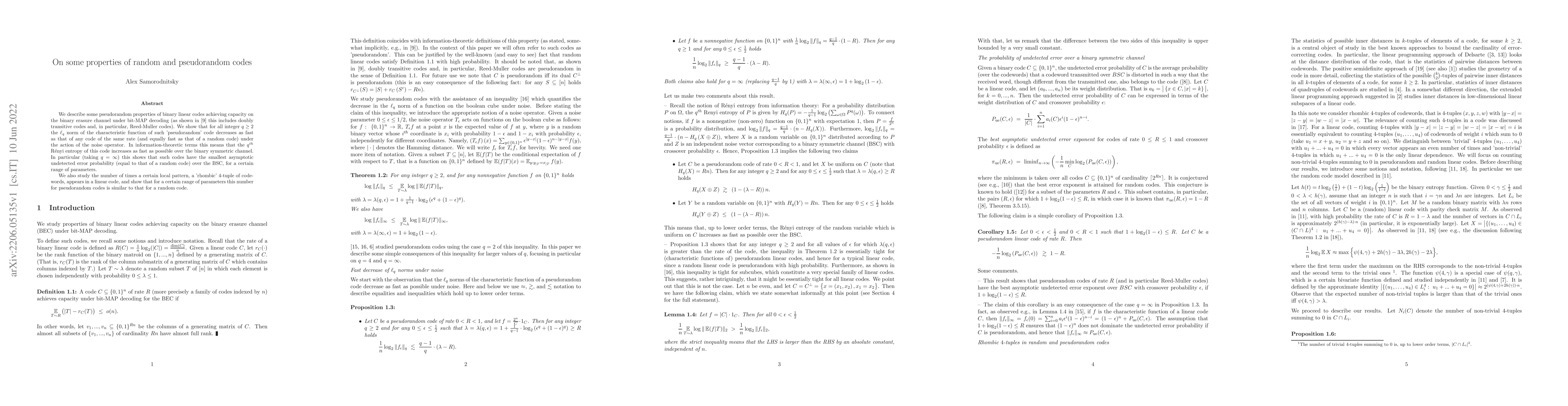 Thumbnail for On some properties of random and pseudorandom codes