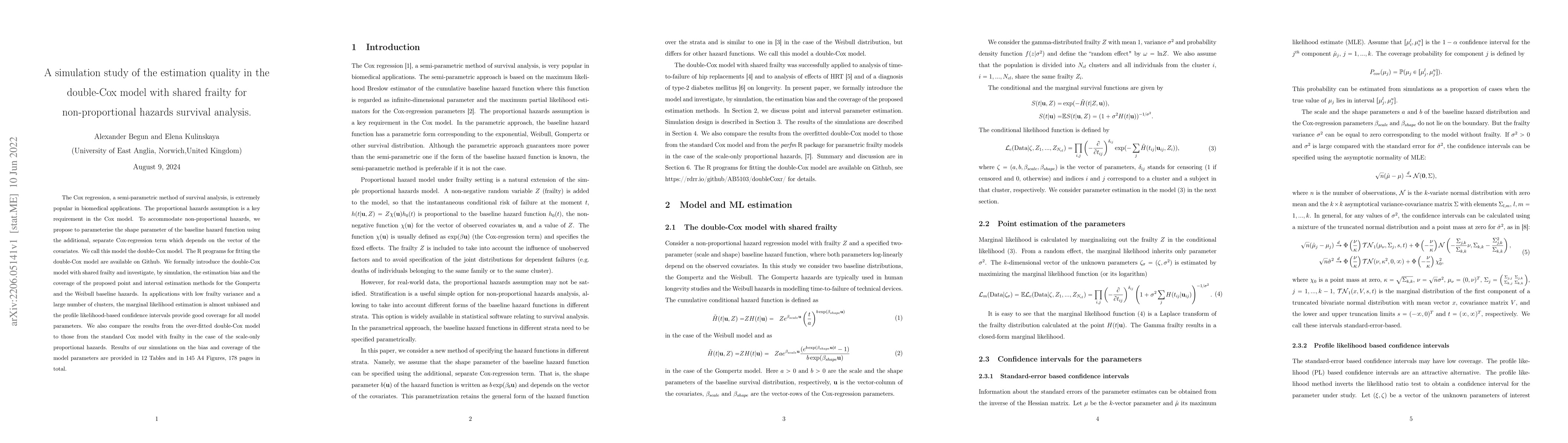 Thumbnail for A simulation study of the estimation quality in the double-Cox model
  with shared frailty for non-proportional hazards survival analysis