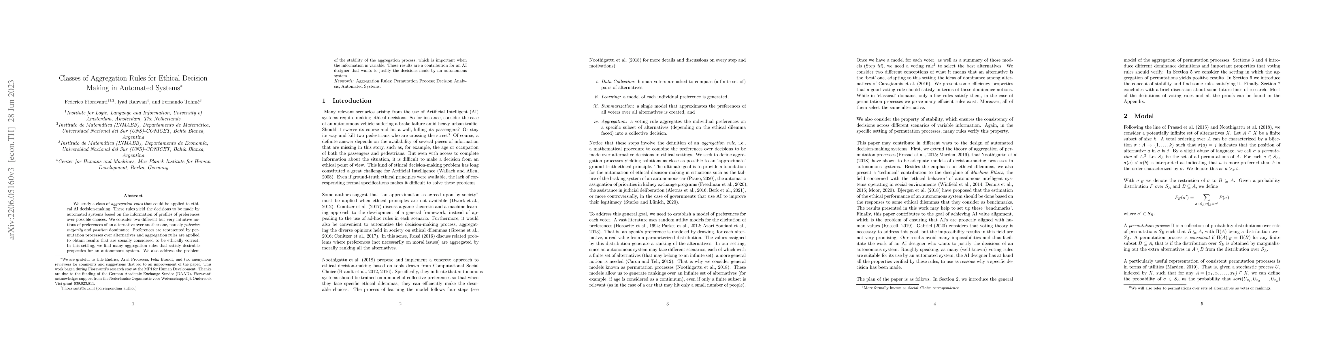 Thumbnail for Classes of Aggregation Rules for Ethical Decision Making in Automated
  Systems
