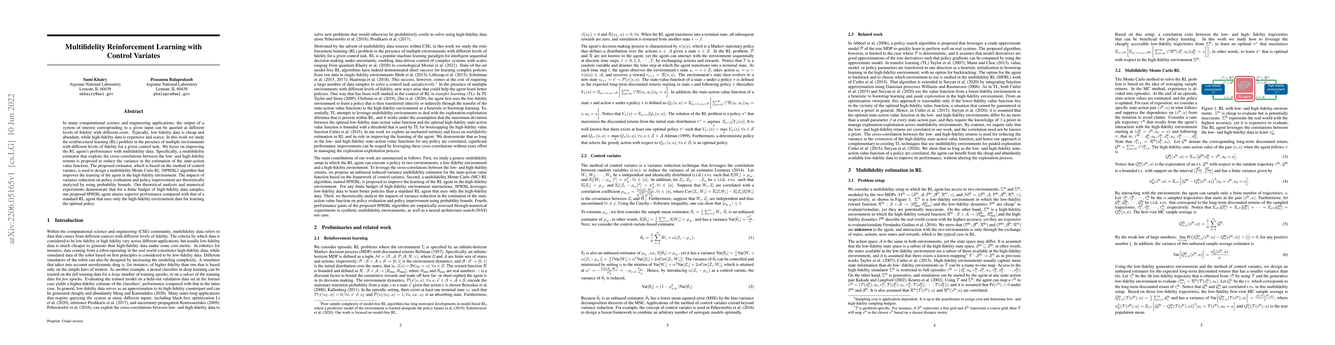Thumbnail for Multifidelity Reinforcement Learning with Control Variates