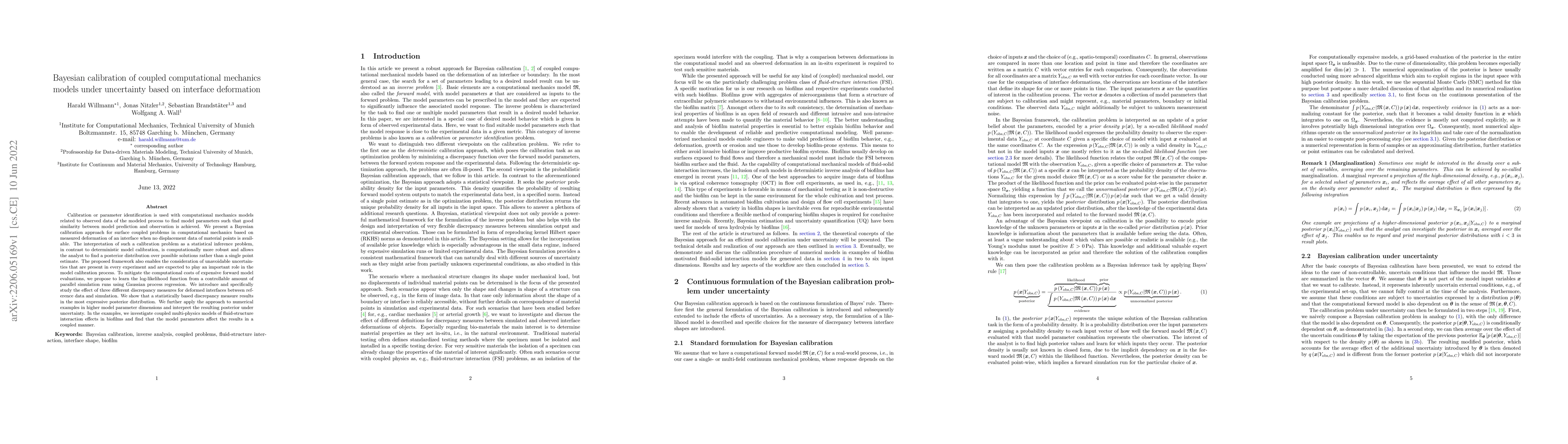Thumbnail for Bayesian calibration of coupled computational mechanics models under
  uncertainty based on interface deformation