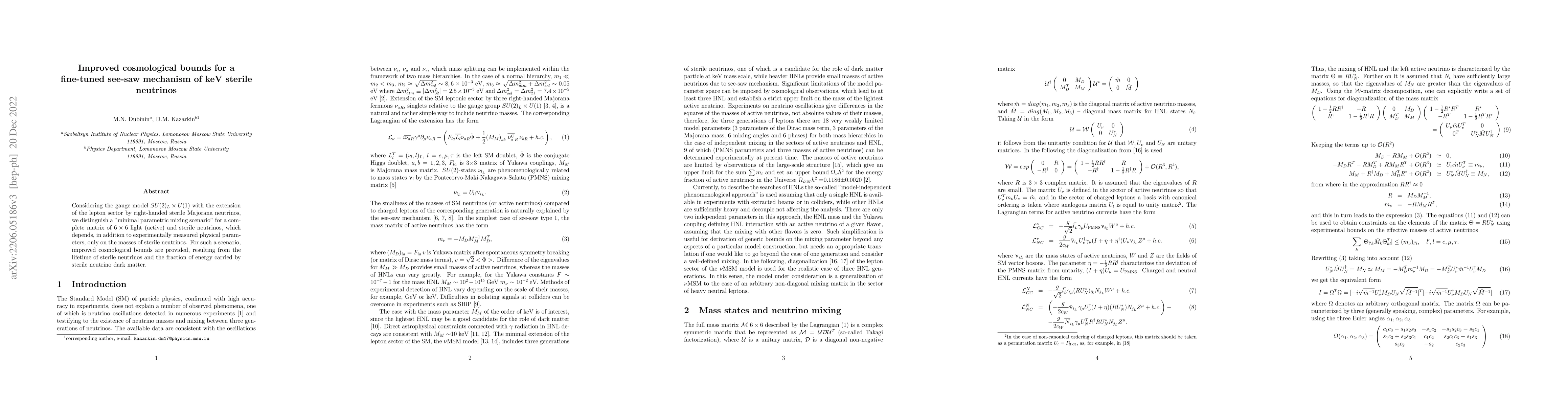 Thumbnail for Improved cosmological bounds for a fine-tuned see-saw mechanism of keV
  sterile neutrinos