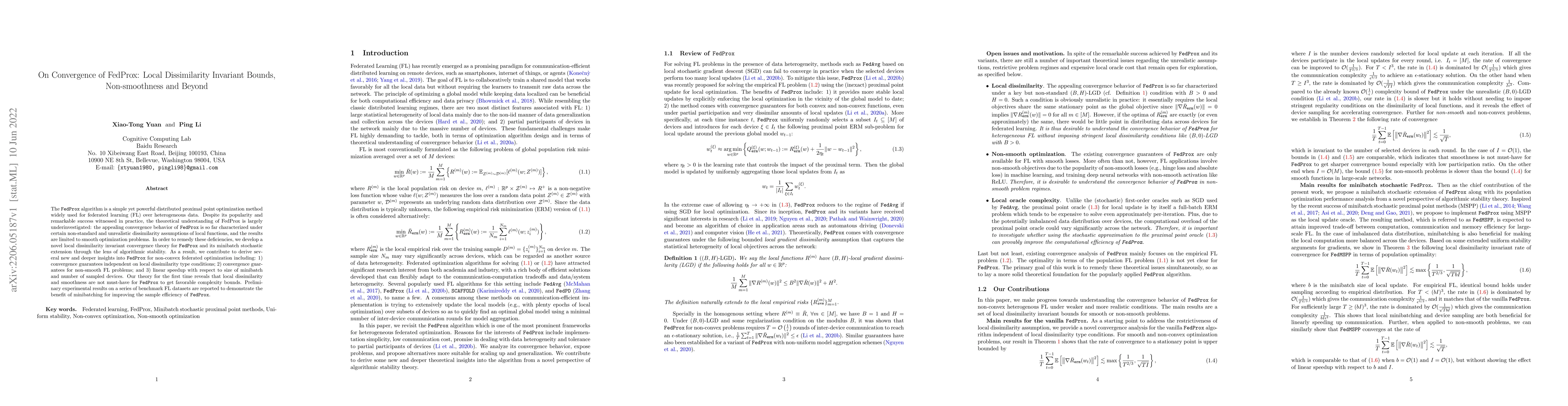 Thumbnail for On Convergence of FedProx: Local Dissimilarity Invariant Bounds,
  Non-smoothness and Beyond