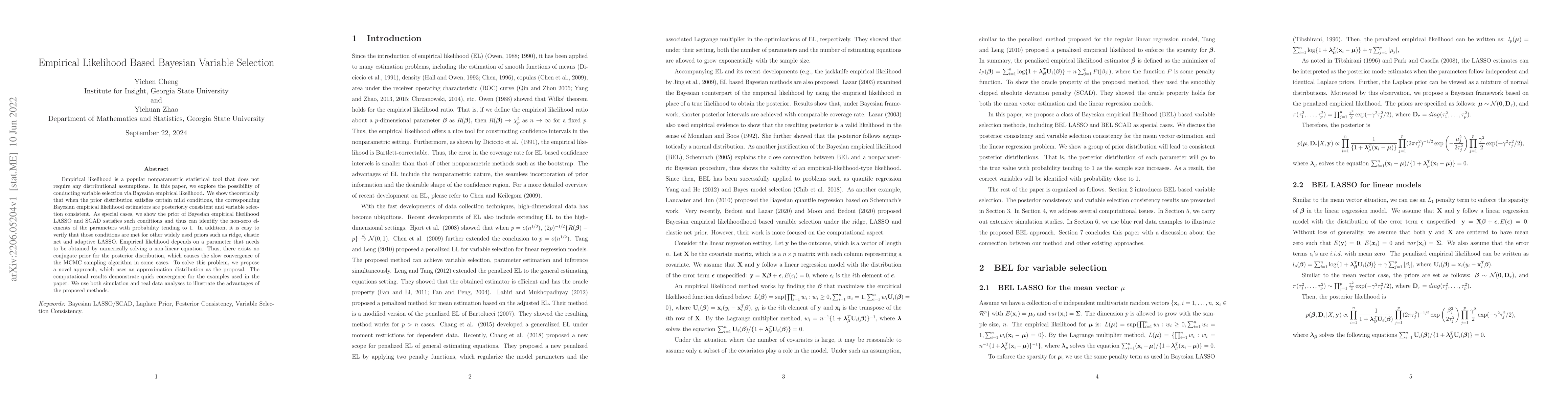 Thumbnail for Empirical Likelihood Based Bayesian Variable Selection