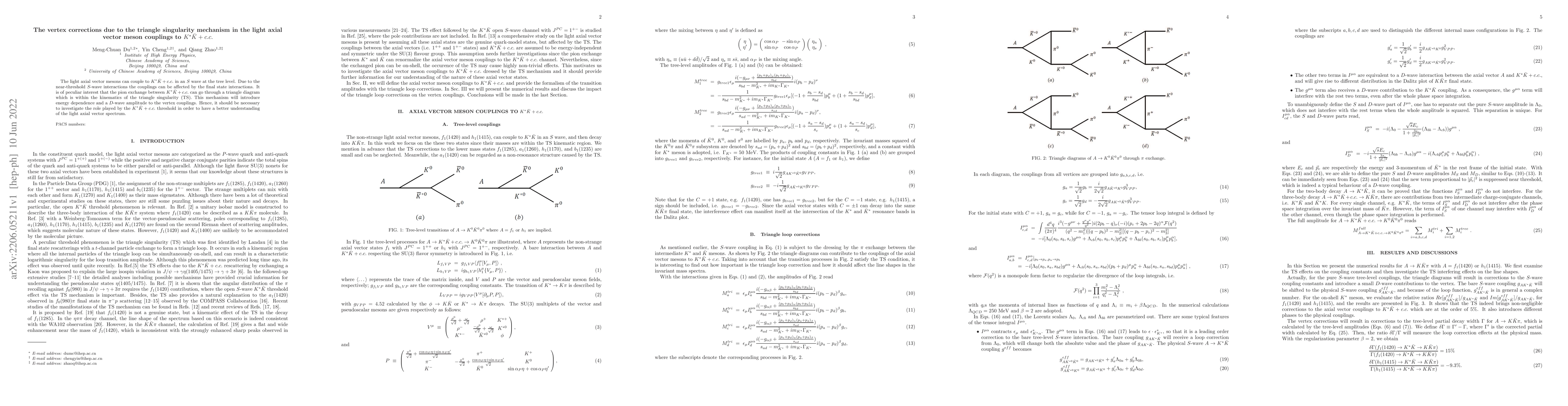 Thumbnail for The vertex corrections due to the triangle singularity mechanism in the
  light axial vector meson couplings to $K^*\bar{K}+c.c.$