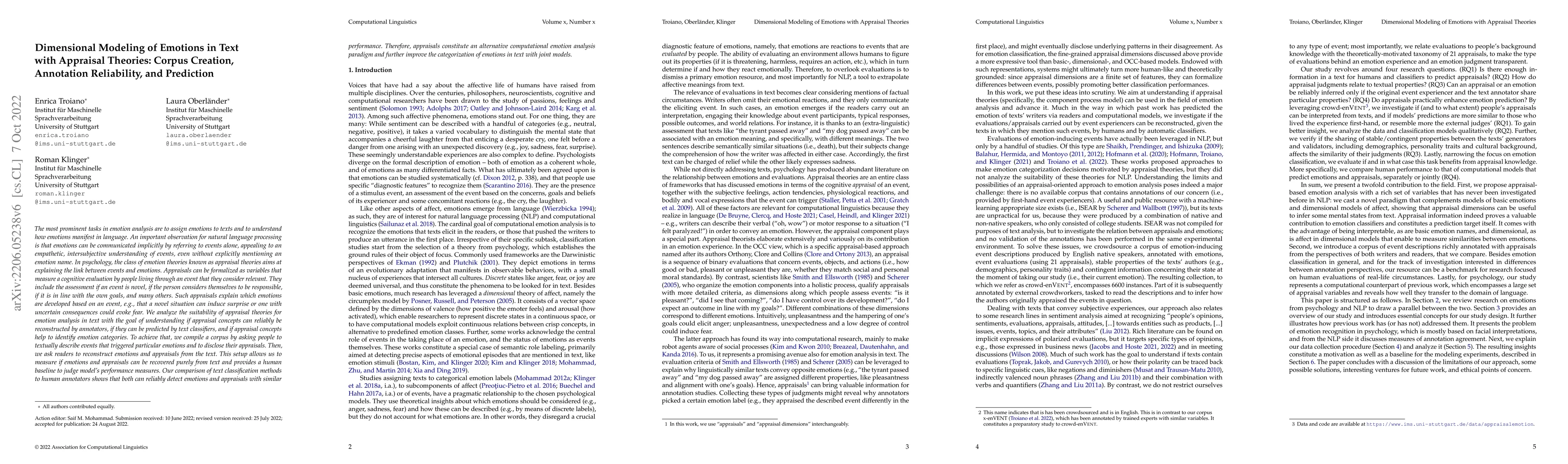 Thumbnail for Dimensional Modeling of Emotions in Text with Appraisal Theories: Corpus
  Creation, Annotation Reliability, and Prediction