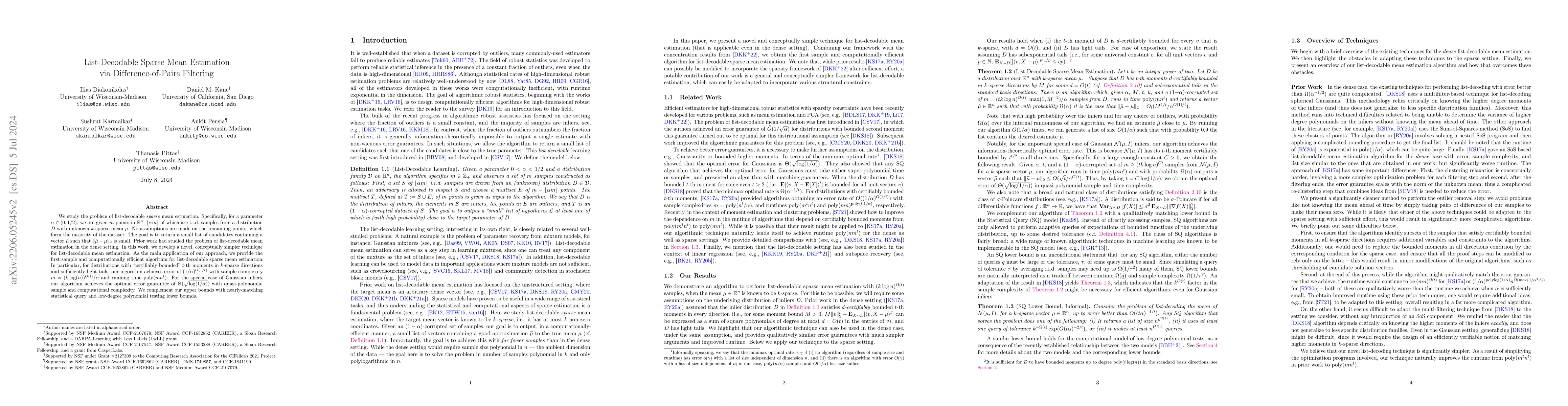 Thumbnail for List-Decodable Sparse Mean Estimation via Difference-of-Pairs Filtering