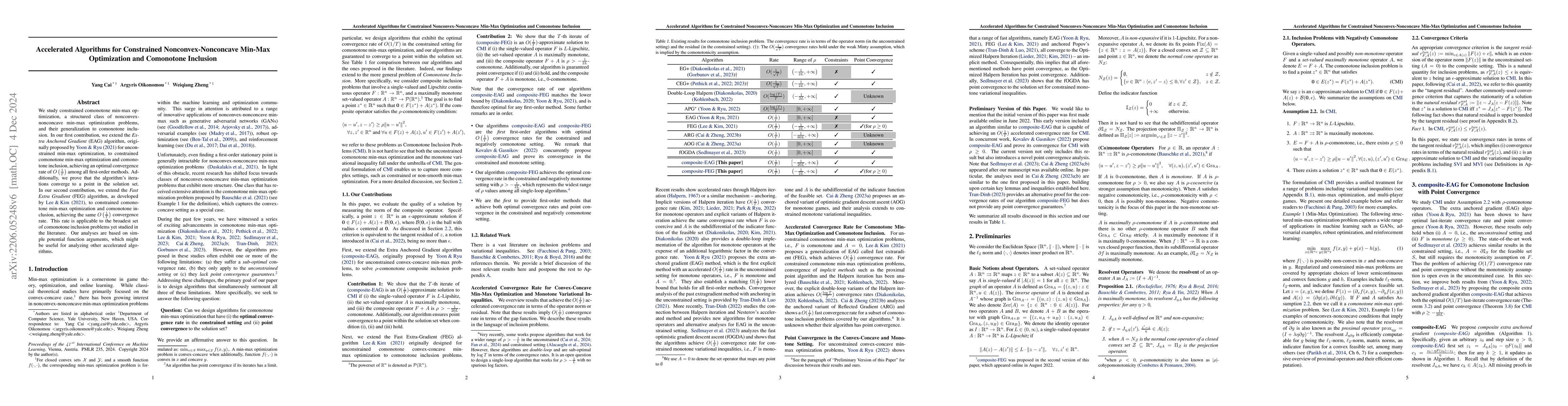 Thumbnail for Accelerated Algorithms for Constrained Nonconvex-Nonconcave Min-Max
  Optimization and Comonotone Inclusion