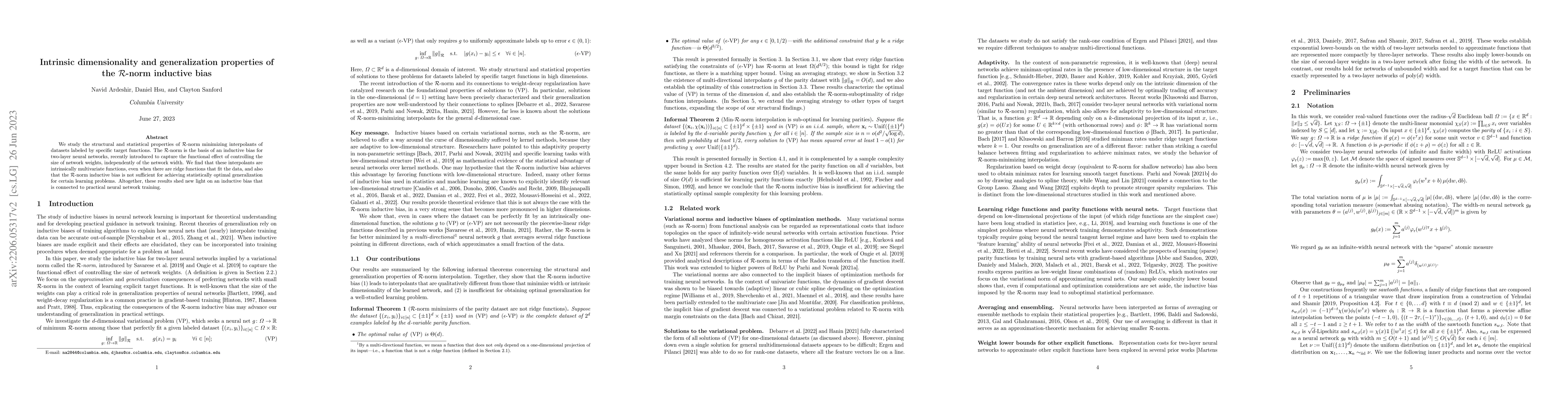 Thumbnail for Intrinsic dimensionality and generalization properties of the
  $\mathcal{R}$-norm inductive bias