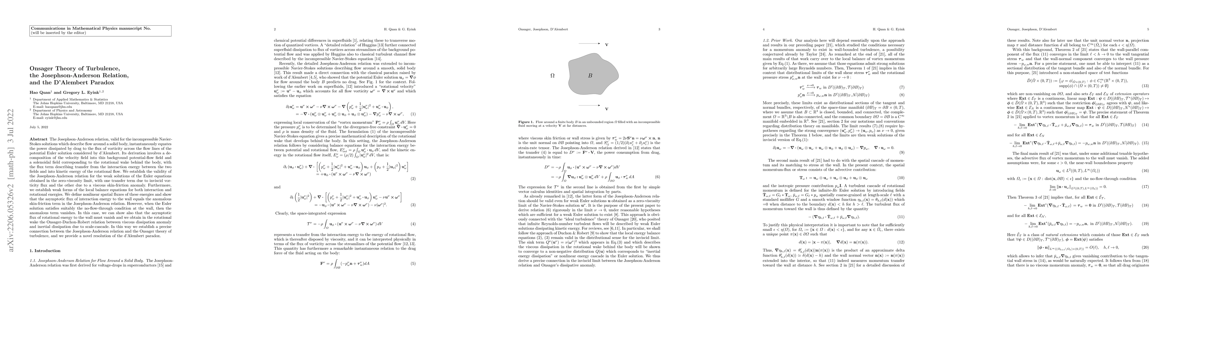 Thumbnail for Onsager Theory of Turbulence, the Josephson-Anderson Relation, and the
  D'Alembert Paradox