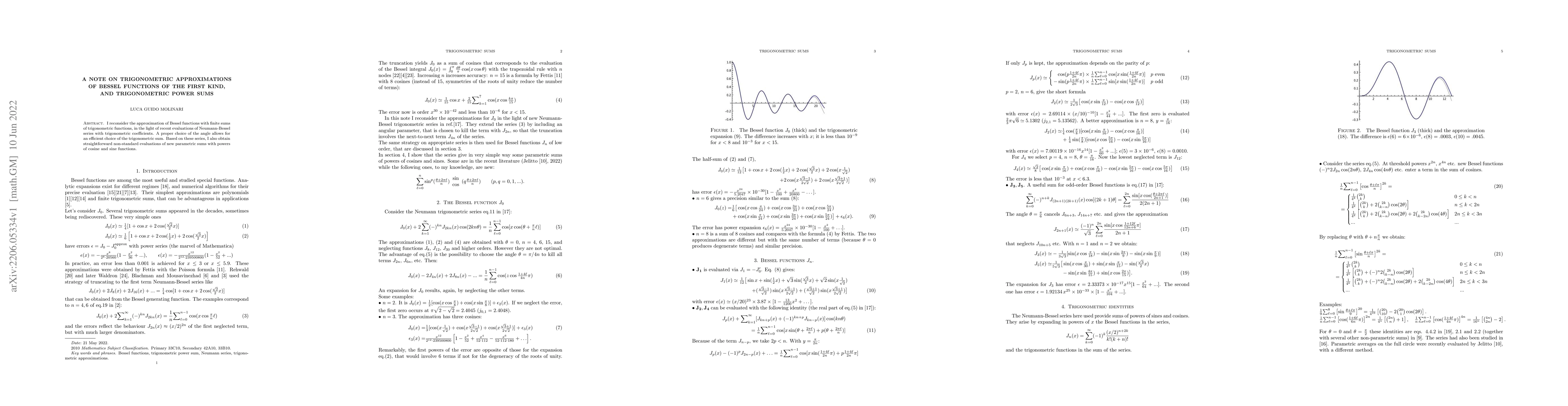 Thumbnail for A note on trigonometric approximations of Bessel functions of the first
  kind and trigonometric power sums