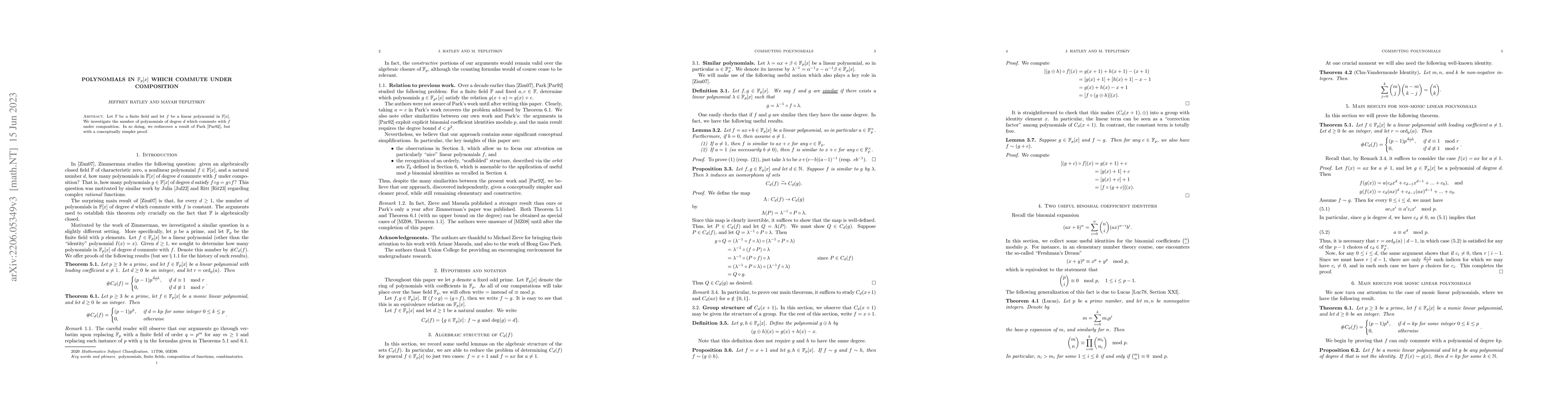 Thumbnail for Polynomials in $\mathbb{F}_p[x]$ which commute under composition