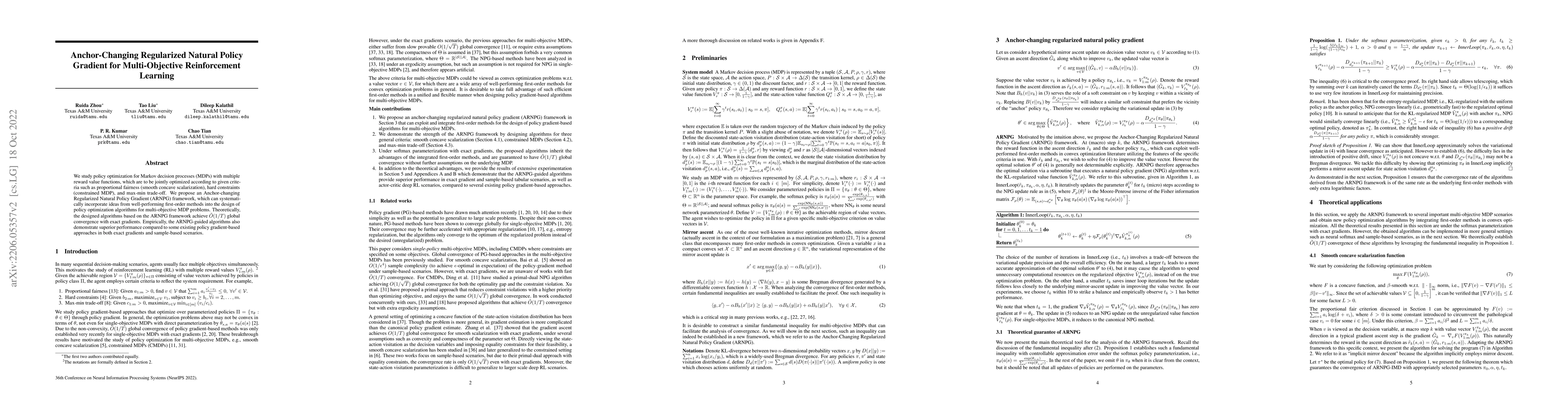 Thumbnail for Anchor-Changing Regularized Natural Policy Gradient for Multi-Objective
  Reinforcement Learning