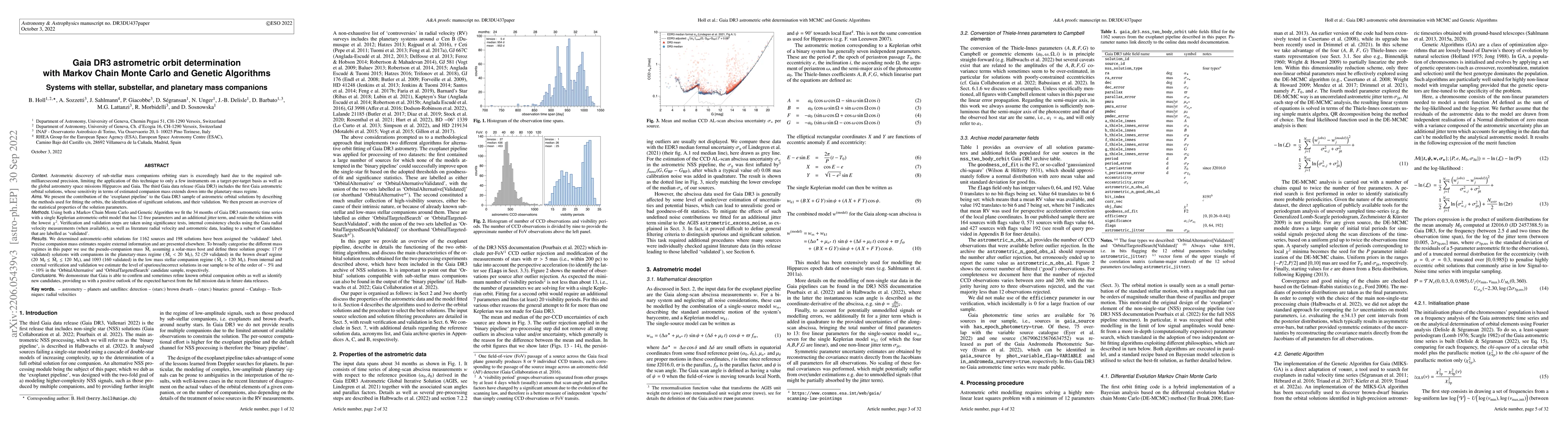 Thumbnail for Gaia DR3 astrometric orbit determination with Markov Chain Monte Carlo
  and Genetic Algorithms. Systems with stellar, substellar, and planetary mass
  companions