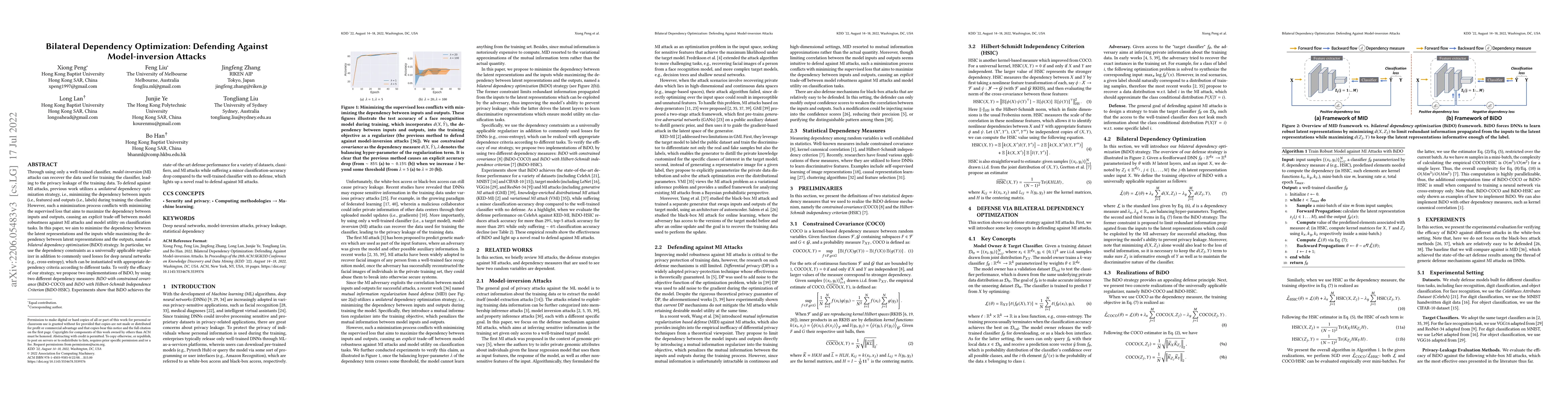 Thumbnail for Bilateral Dependency Optimization: Defending Against Model-inversion
  Attacks