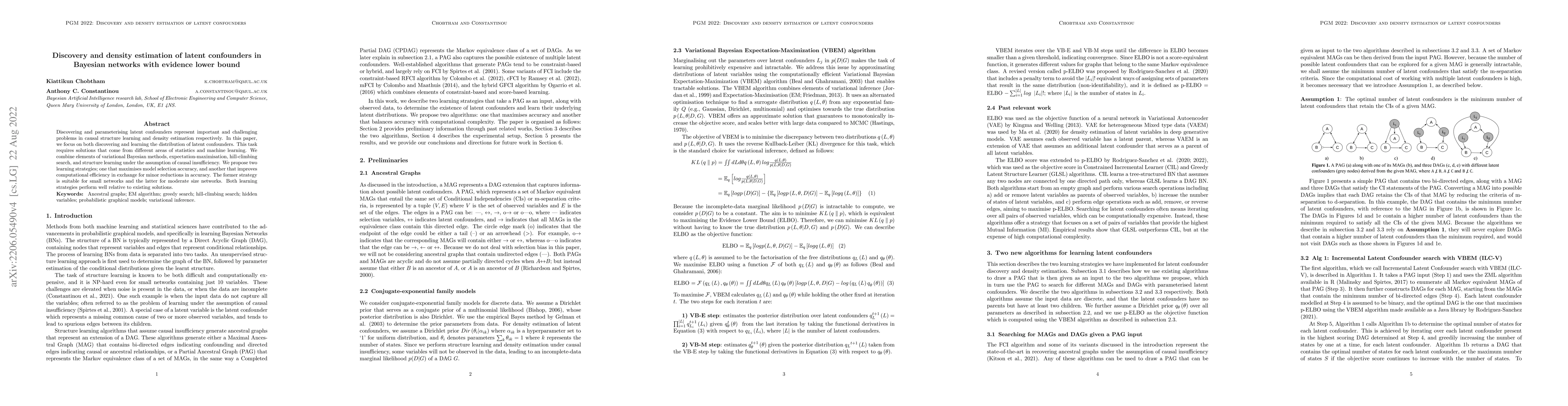 Thumbnail for Discovery and density estimation of latent confounders in Bayesian
  networks with evidence lower bound
