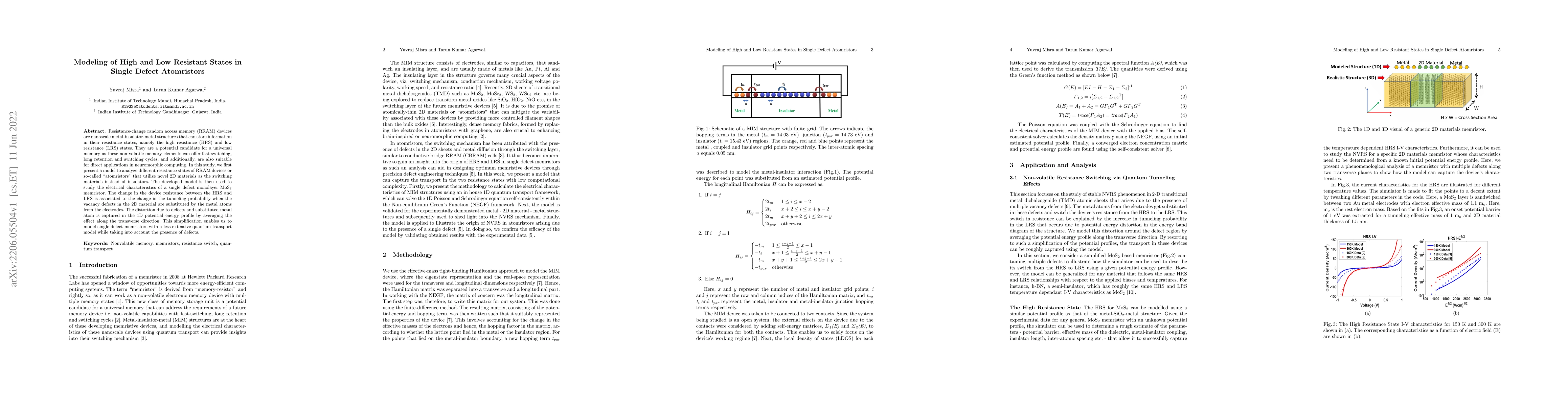 Thumbnail for Modeling of High and Low Resistant States in Single Defect Atomristors