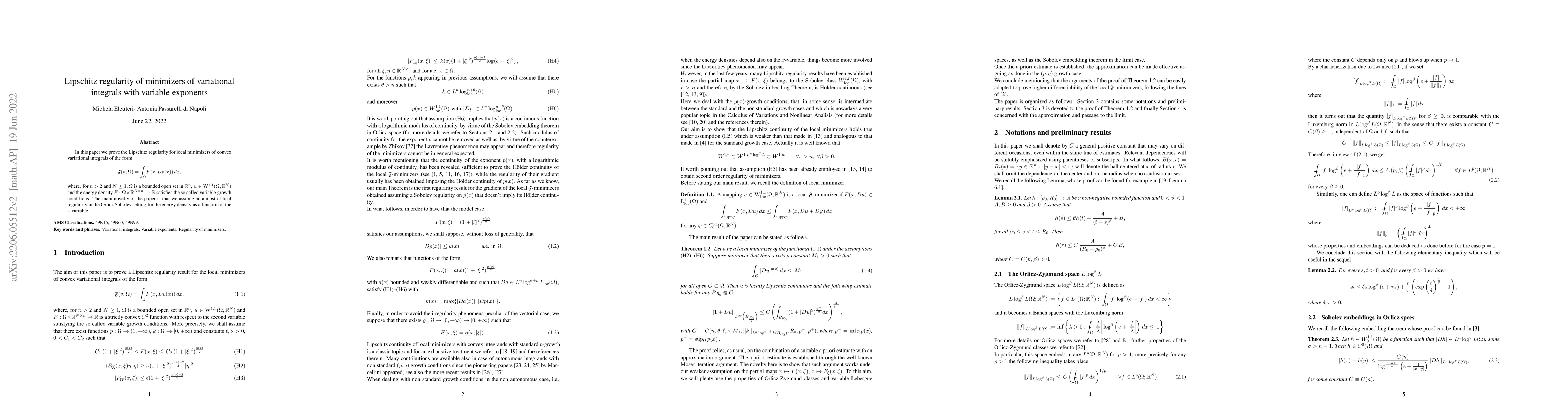 Thumbnail for Lipschitz regularity of minimizers of variational integrals with
  variable exponents