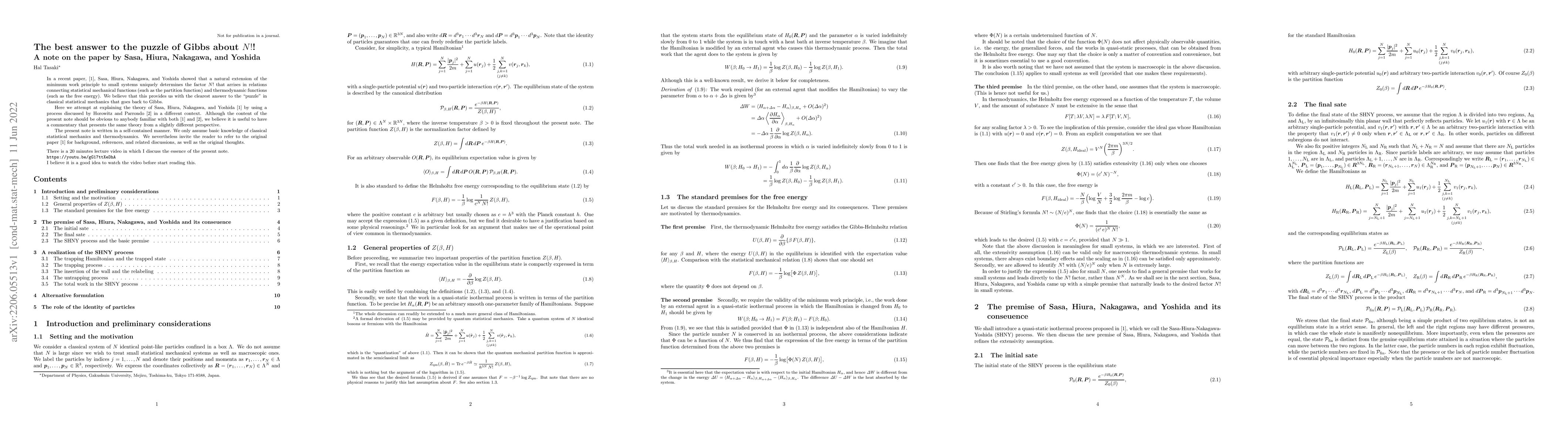Thumbnail for The best answer to the puzzle of Gibbs about $N!$!: A note on the paper
  by Sasa, Hiura, Nakagawa, and Yoshida