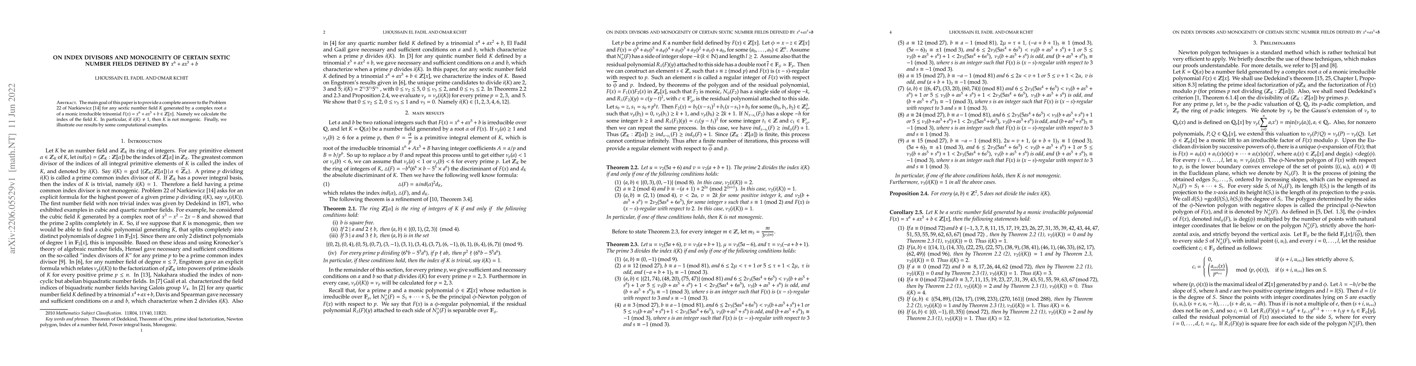 Thumbnail for On index divisors and monogenity of certain sextic number fields defined
  by $x^6+ax^5+b$