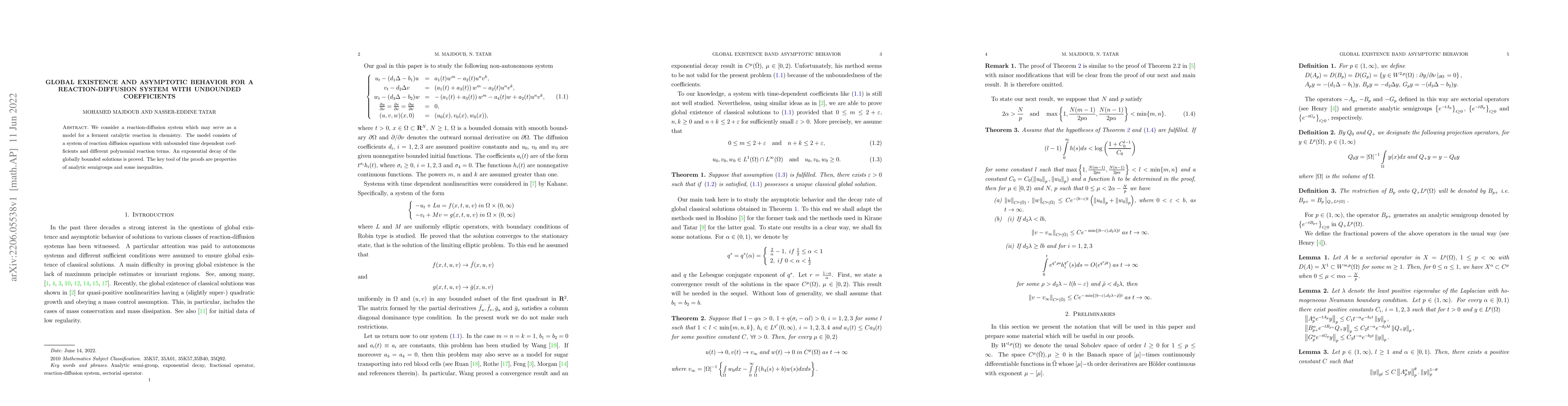 Thumbnail for Global existence and asymptotic behavior for a reaction-diffusion system
  with unbounded coefficients