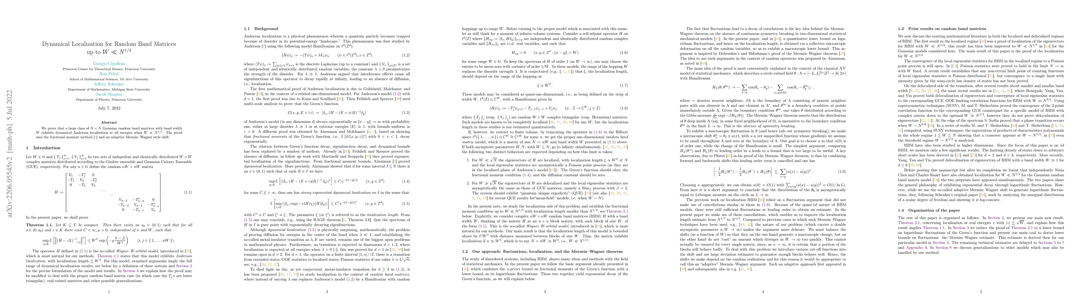 Thumbnail for Dynamical Localization for Random Band Matrices up to $W\ll N^{1/4}$