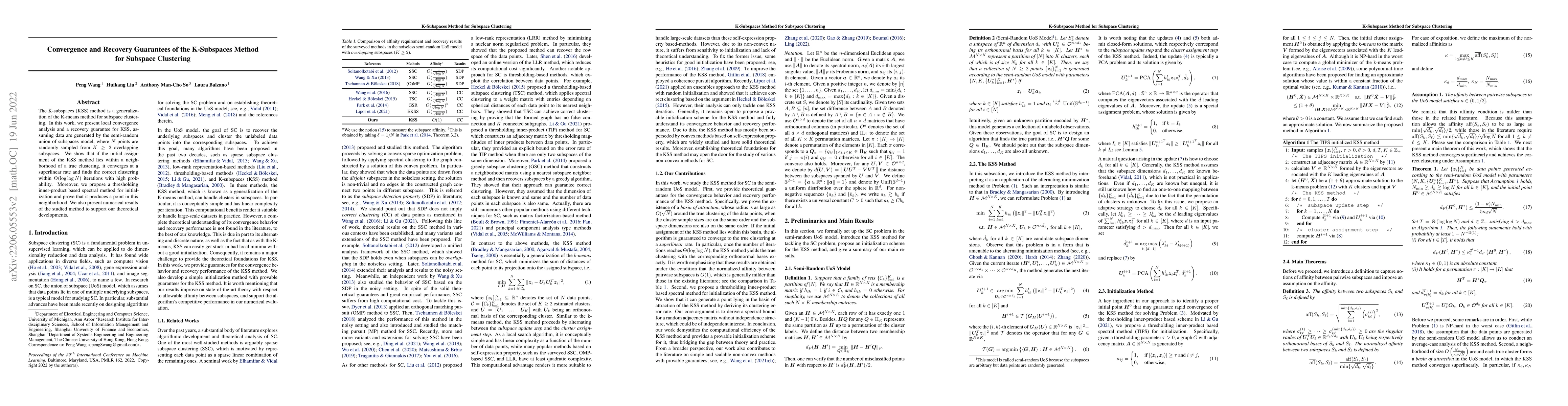 Thumbnail for Convergence and Recovery Guarantees of the K-Subspaces Method for
  Subspace Clustering
