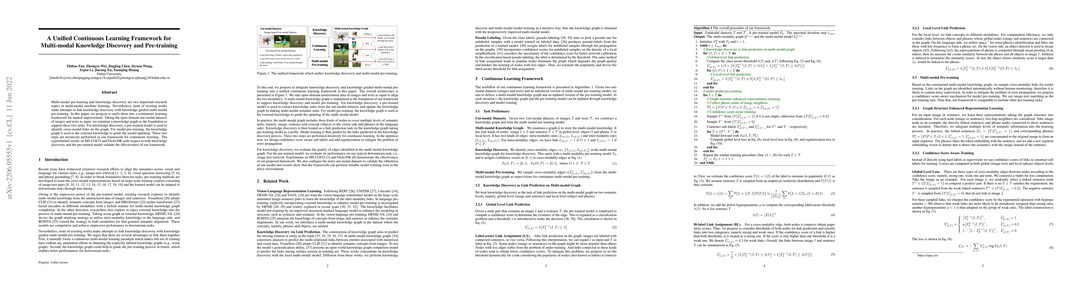 Thumbnail for A Unified Continuous Learning Framework for Multi-modal Knowledge
  Discovery and Pre-training