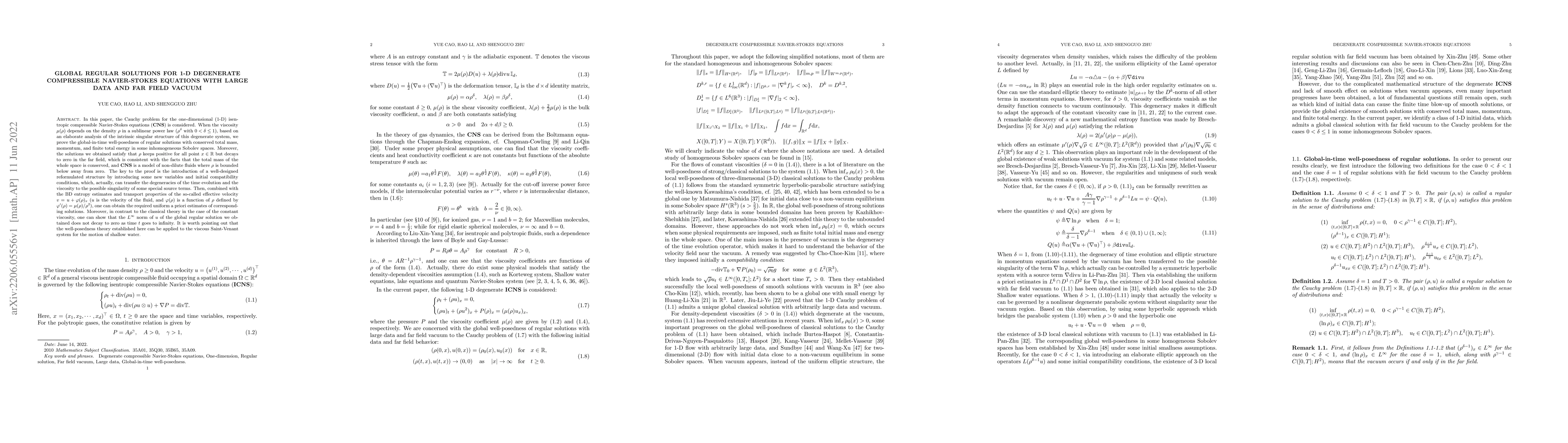 Thumbnail for Global regular solutions for 1-D degenerate compressible Navier-Stokes
  equations with large data and far field vacuum