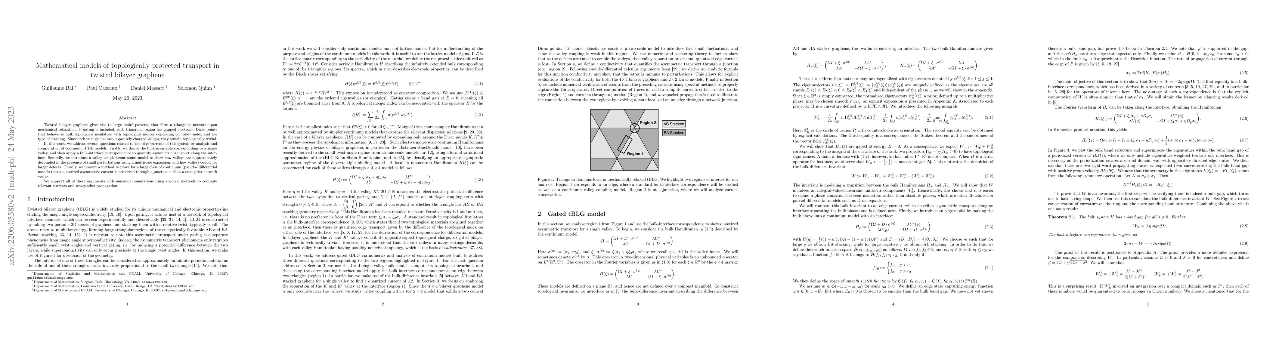 Thumbnail for Mathematical models of topologically protected transport in twisted
  bilayer graphene
